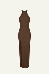 Halter Maxi Dress With Lateral Slit (Limited Edition) Chocolate - Olivia
