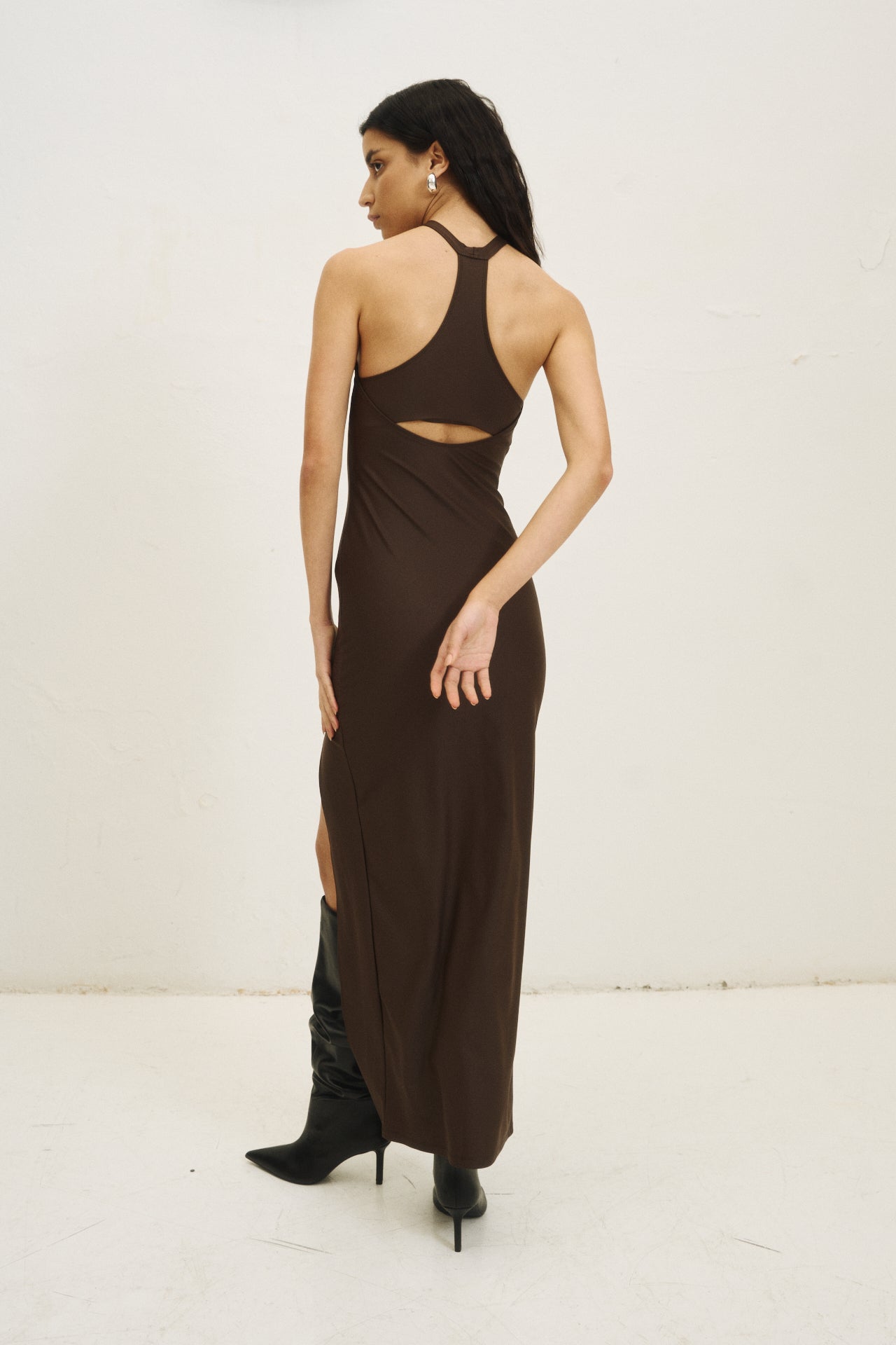 Buy BLACK SATIN HALTER NECK LONG SLIT DRESS for Women Online in India