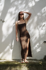 Midi Skirt With Lateral Slit - Chocolate - Mara