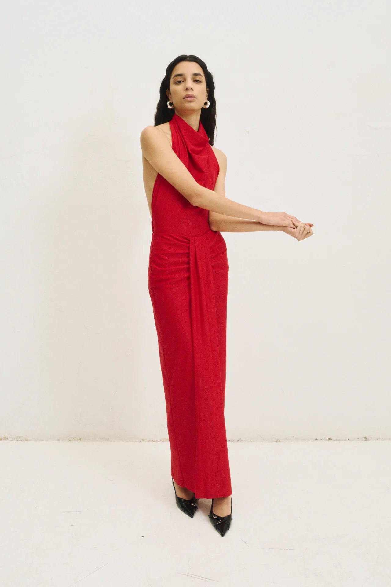 Set Maxi Skirt With Front Draped Detail - Mai + Draped Halter Bodysuit (Limited Edition) Red- Noelia